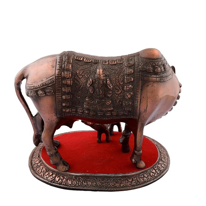 Ecraftindia Metal Kamdhenu Cow and Calf Figurine | Red and Brown