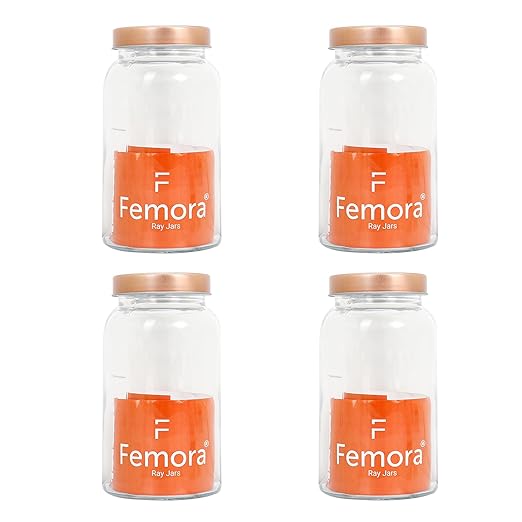 Femora Kitchen Storage Jars Clear Glass Jar With Steel Lid Air Tight Jar | 700 Ml | Pack of 6 | Golden Lid