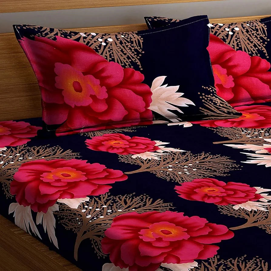 Starnstyle Polycotton 220 TC Floral Printed King Size Double Bedsheet with 2 Pillow Covers Blue Red