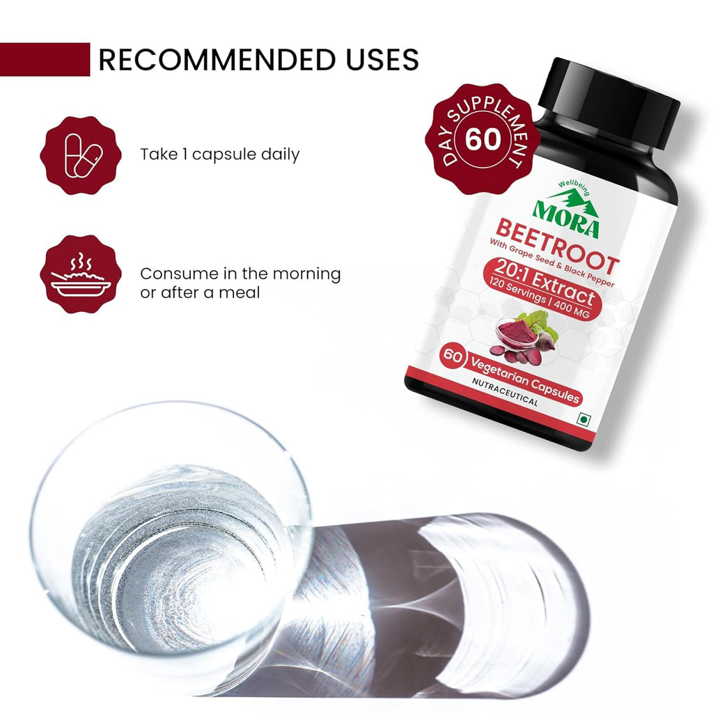 MORA Beetroot Capsules 20:1 Extract | Ayurvedic Beet Root Supplement with Grape Seed & Black Pepper Extract | Nitric Oxide, Blood Flow & Heart Health Support | For Energy, Stamina & Gym Performance | 60 Vegan Capsules