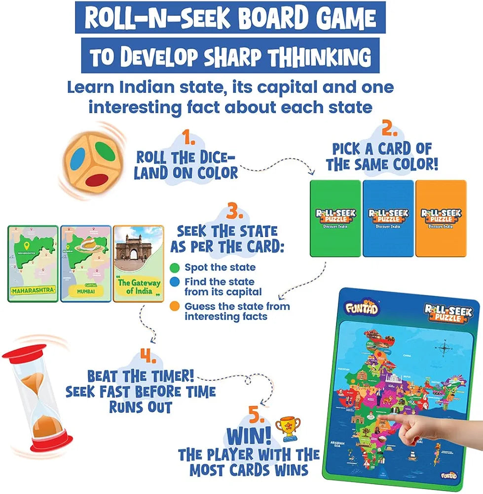 Funtad Roll N Seek India Map Educational Board Game & Puzzle Learn Indian Sate Capital and Interesting Facts State Shaped Puzzle for Boys & Girls Age 6-12 yrs