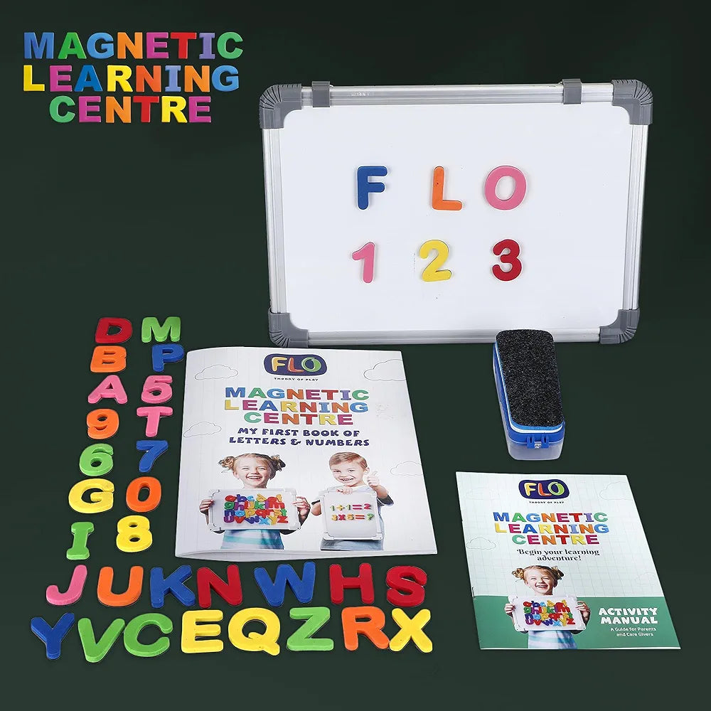 FLO Toys Magnetic Learning Centre for Kids Double-Sided Magnetic Board with A-Z Letters, 0-9 Numbers Marker & Duster Educational Preschool Toy for Boys & Girls