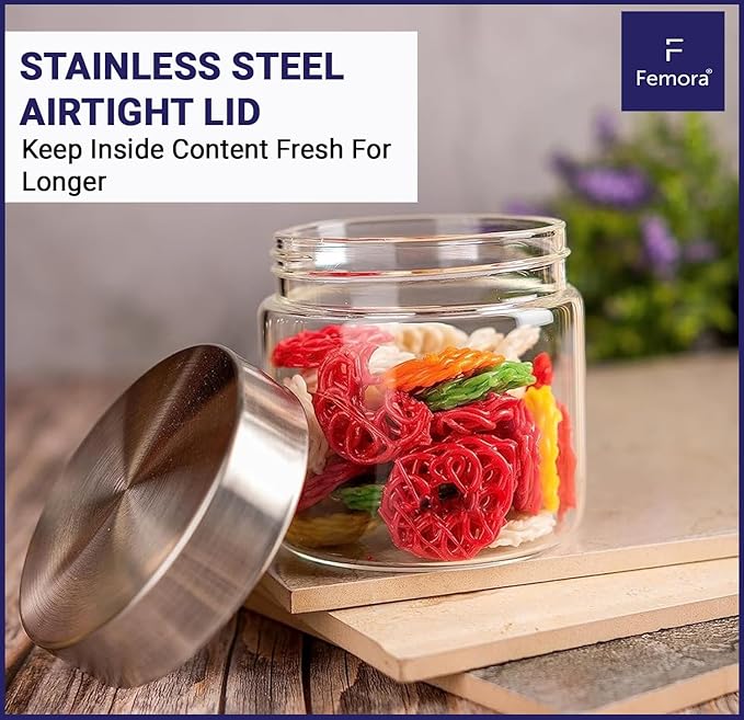 Femora Kitchen Storage Jars Borosilicate Glass With Steel Lid Air Tight Jar | 750 Ml | Pack of 2