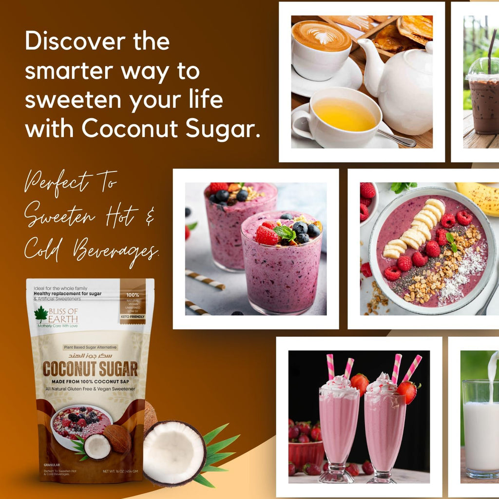 Bliss of Earth Coconut Sugar Organic 454gm | Natural Unrefined & Vegan Palm Sugarg Sweetener | Gluten-Free & Keto Friendly Sugar Substitute | Natural Sugar Alternative for Coffee, Tea, Baking & Smoothies