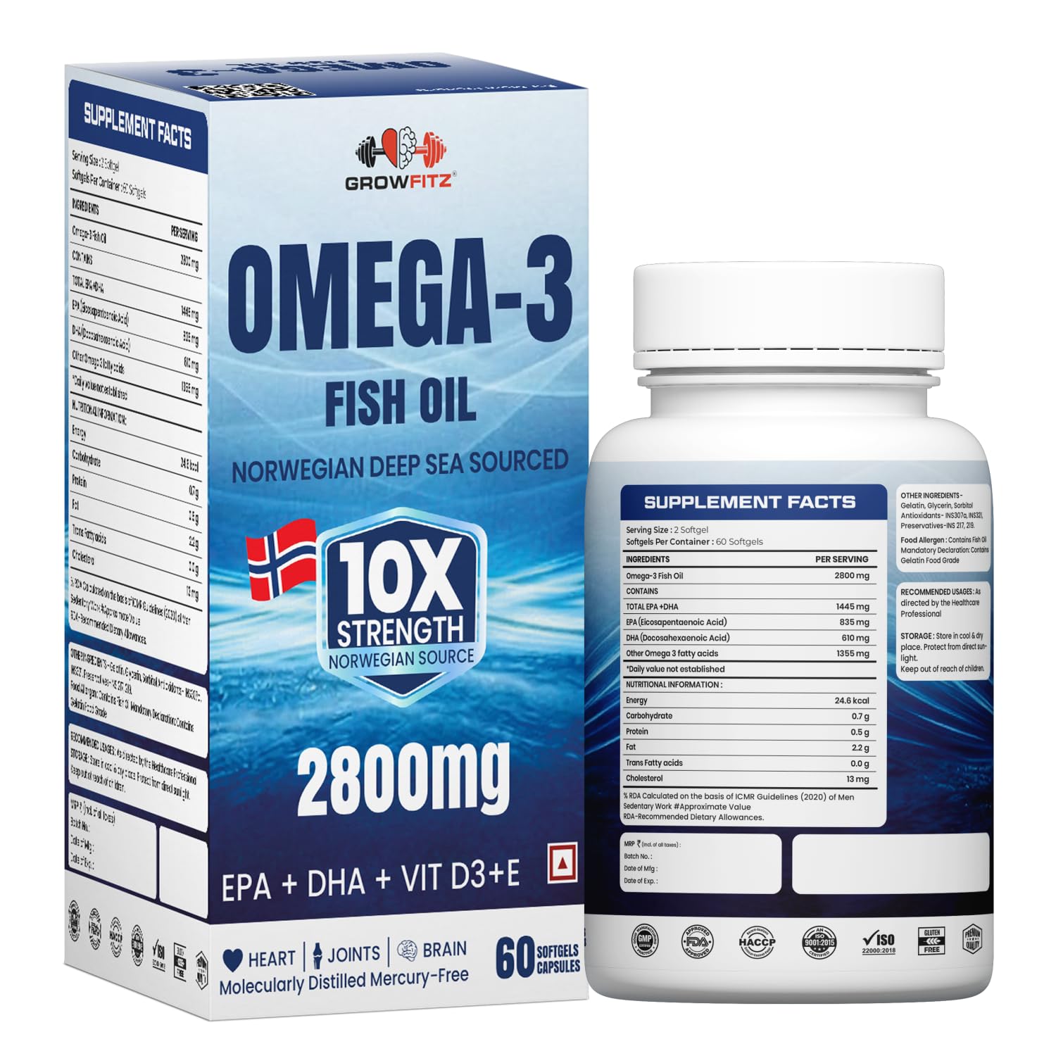 Growfitz Omega 3 Fish Oil (60 Softgels) | 2800 Mg | 10X Strength for Men & Women | No Fishy Burps | Supports Heart, Brain, Joints, Skin | With EPA+, Vitamin D3 & Vitamin E | Omega3 Fishoil Supplement