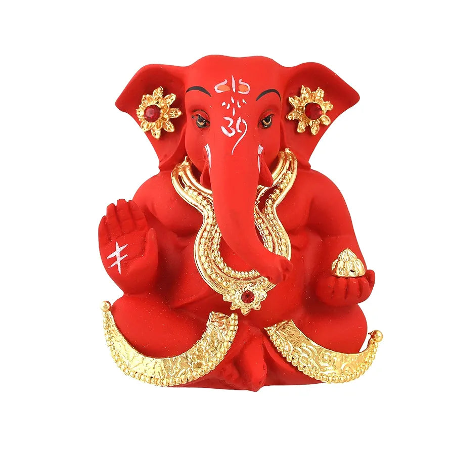 CraftVatika Ganesh Idol Murti Statue for Car Dashboard Ceramic Terracotta Gold Plated Ganesha Idols Red