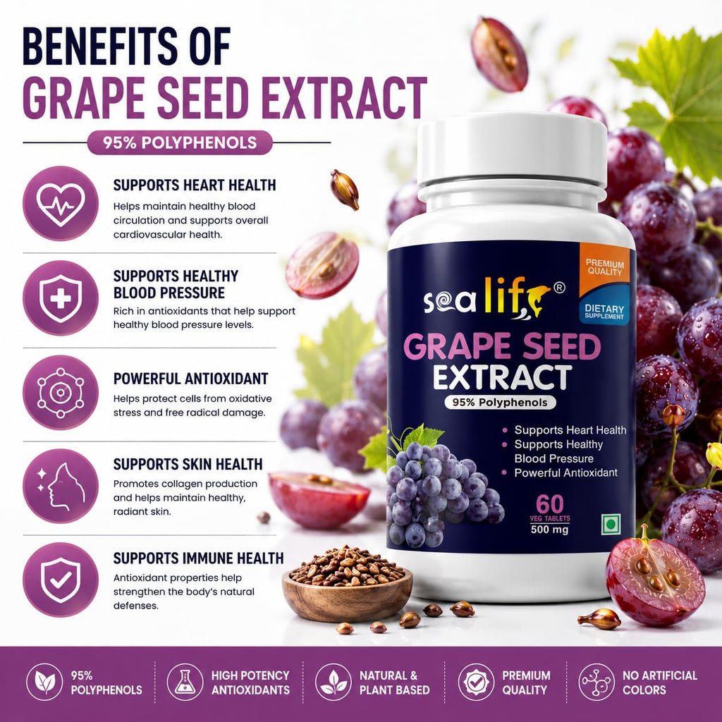 Sea Life Grape Seed Extract | 500 mg 60 Tablets | Antioxidant Supplement Strengthens Immunity, Helps Fight Infections, Promotes Healthy Skin and Hair| For Women and Men.