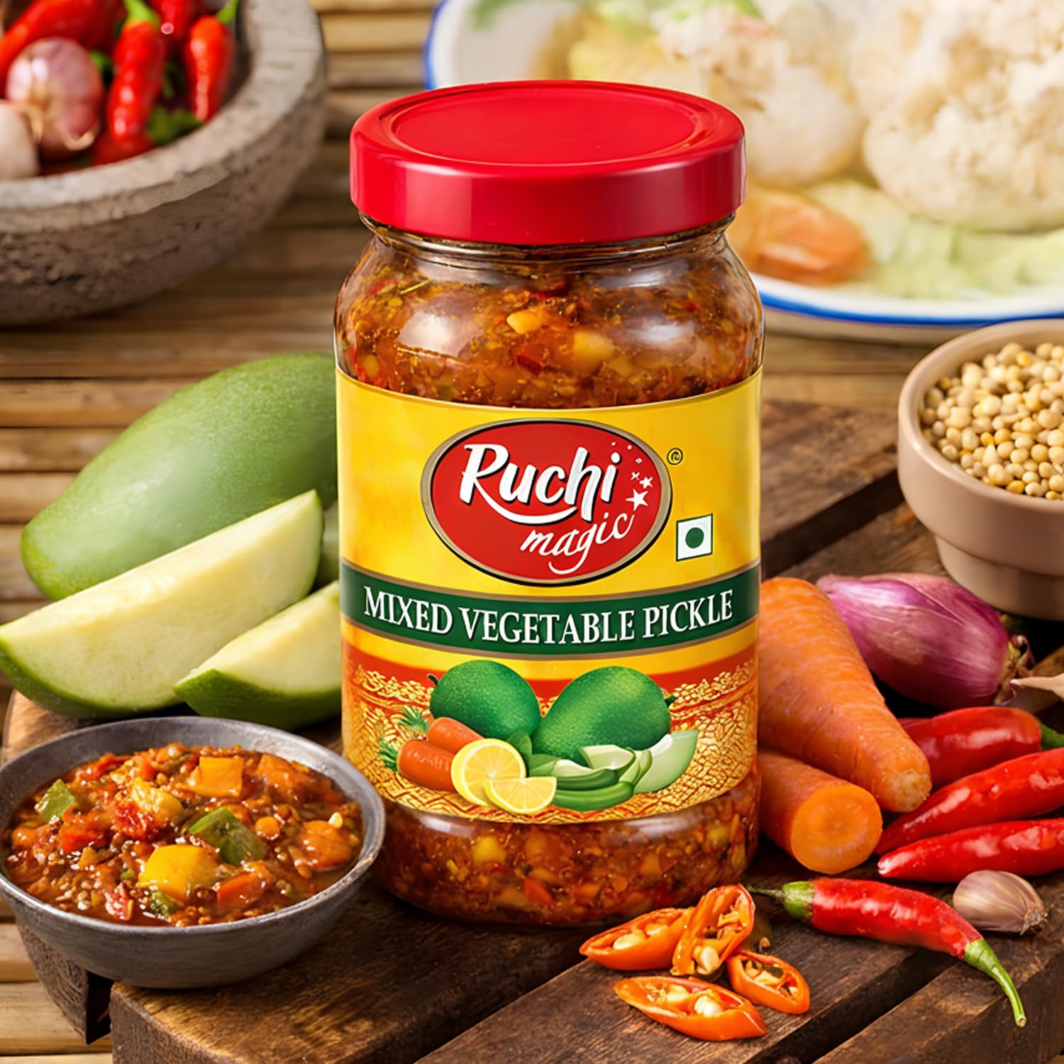 Ruchi Magic Mixed Veg Pickle | Crunchy Traditional Indian Pickle with Assorted Vegetables and Spices | Deliciously Tangy & Spicy Home-Style Taste | 1 kg