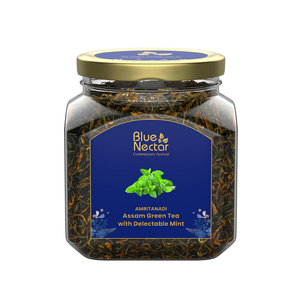 Blue Nectar Green Tea Leaves with Delectable Mint Flavor | Refreshing All Occasion Tea | Air-Tight Glass Jar with Free Tea Infuser (65g)