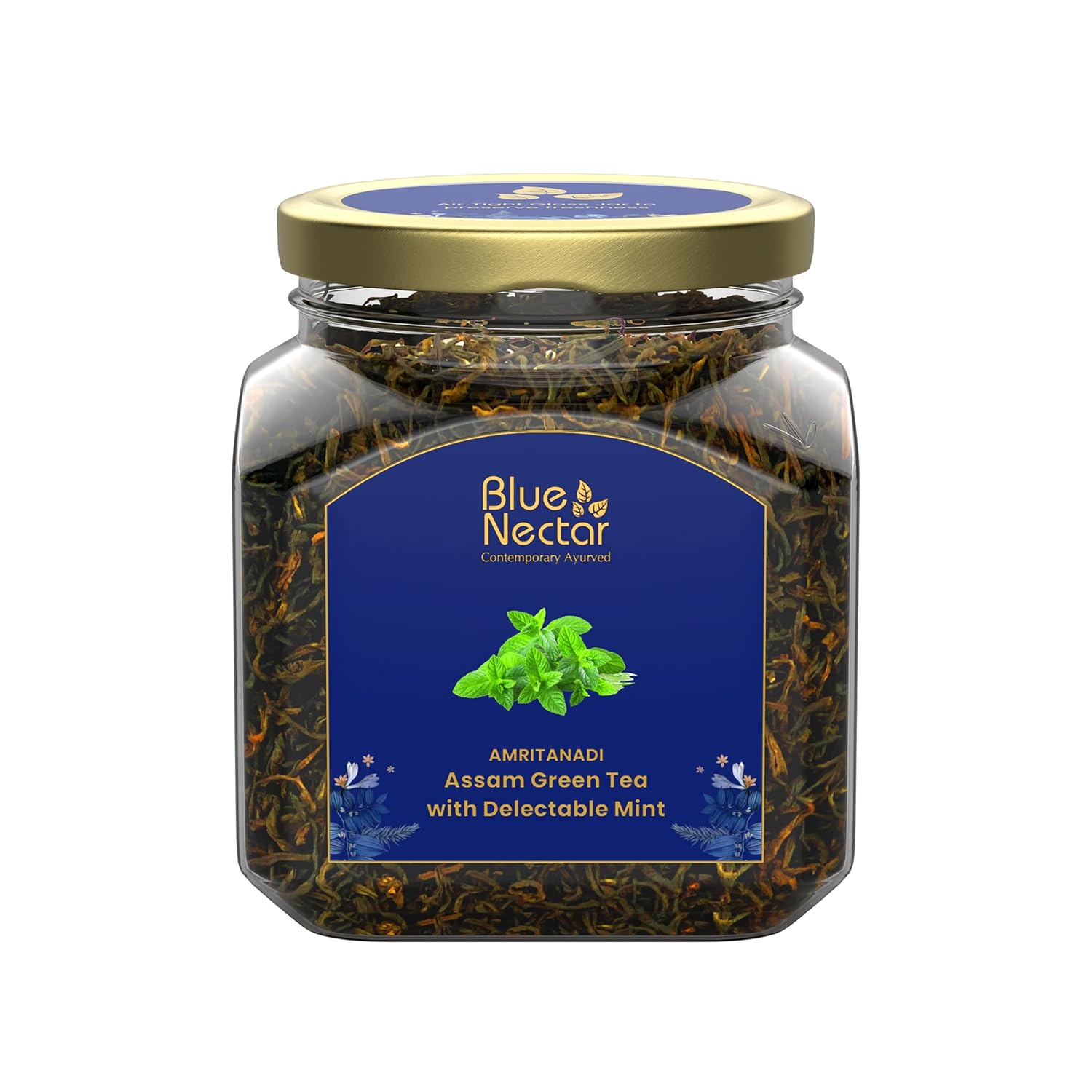 Blue Nectar Green Tea Leaves with Delectable Mint Flavor | Refreshing All Occasion Tea | Air-Tight Glass Jar with Free Tea Infuser (65g)