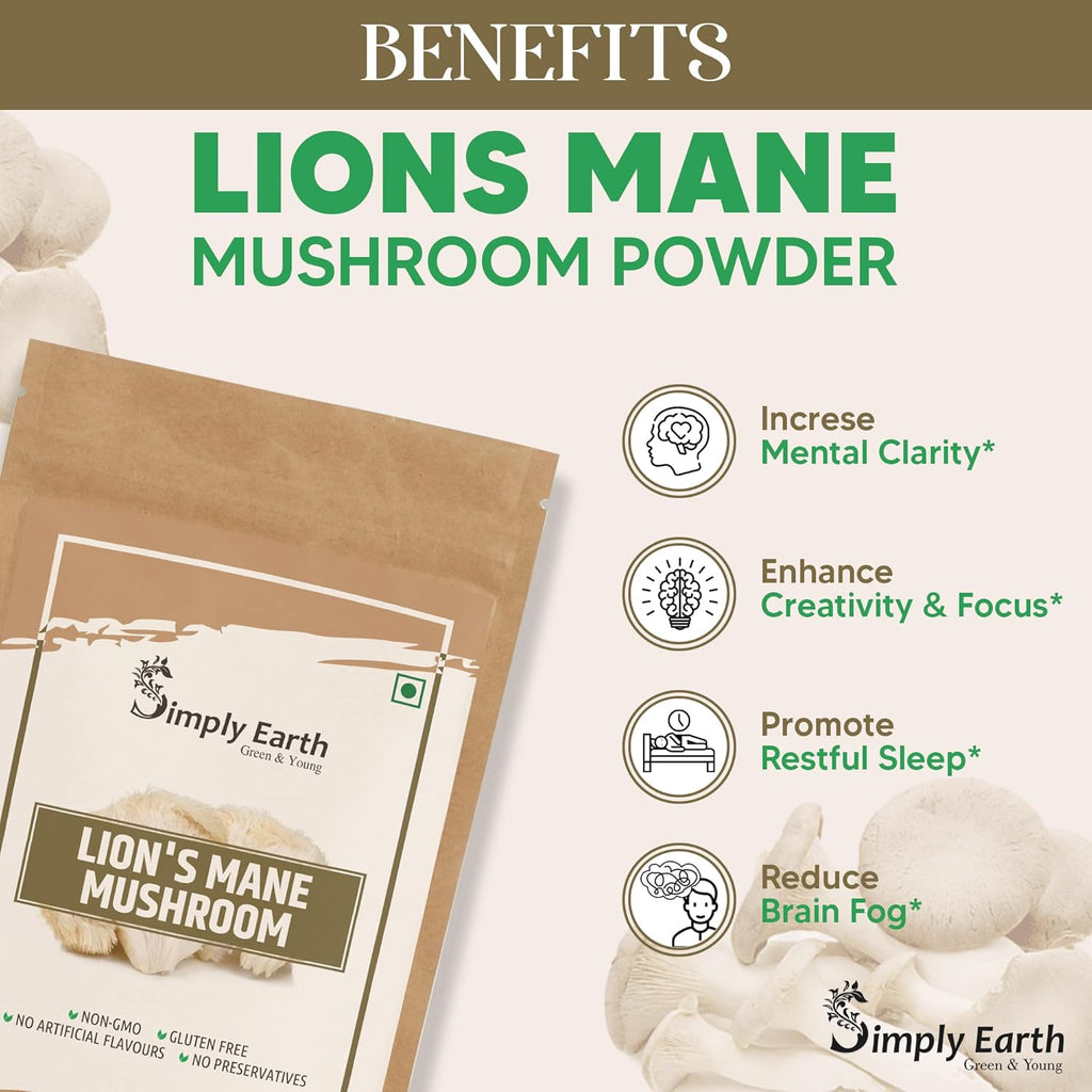 Simply earth Lion's Mane Mushroom Extract Powder 10:1, Improves Memory, Focus, Clarity | 60gm