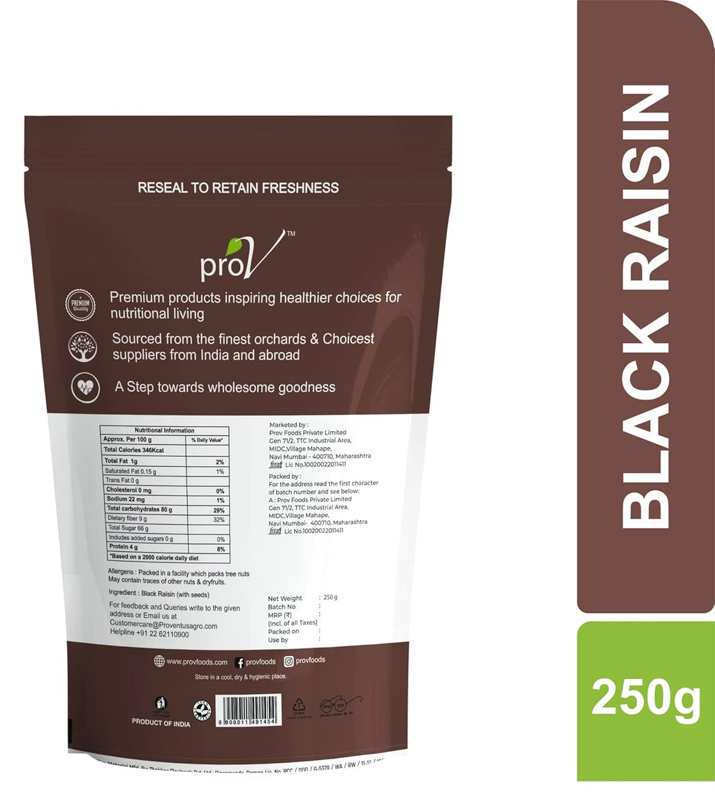 ProV Premium Black Raisins with Seed | Crunchy Center Kismis | Rich in Iron, Fiber & Antioxidants | Healthy Natural Dry Fruit | 250g