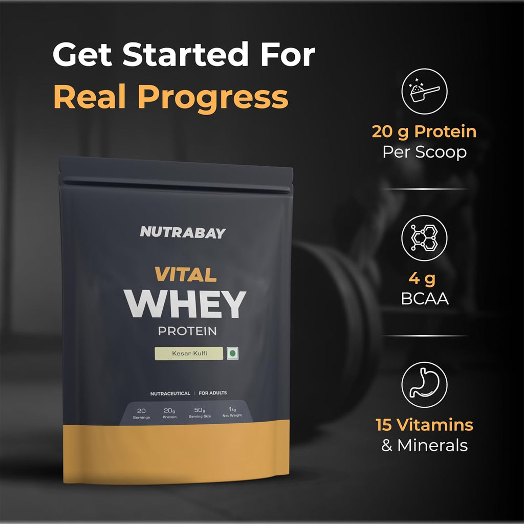 Nutrabay Gold Vital Whey Protein Powder for Beginners with Added Vitamins & Minerals â€“ Muscle Growth & Body Strengthâ€“ 1kg, Kesar Kulfi | Easy to Digest | 100% Authentic Imported Clean Protein