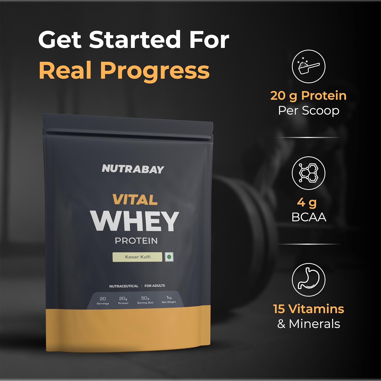 Nutrabay Gold Vital Whey Protein Powder for Beginners with Added Vitamins & Minerals â€“ Muscle Growth & Body Strengthâ€“ 1kg, Kesar Kulfi | Easy to Digest | 100% Authentic Imported Clean Protein