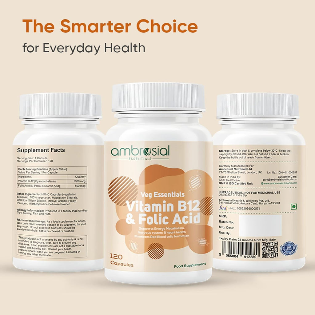 Ambrosial Vitamin B12 1000 mcg + 500 mcg Folic Acid | High Strength 1500 mcg b12 vitamin & Folic Acid |Reduction of Tiredness & Fatigue | B12 Supplement for Immune System & Energy | 120 Vegan Capsules