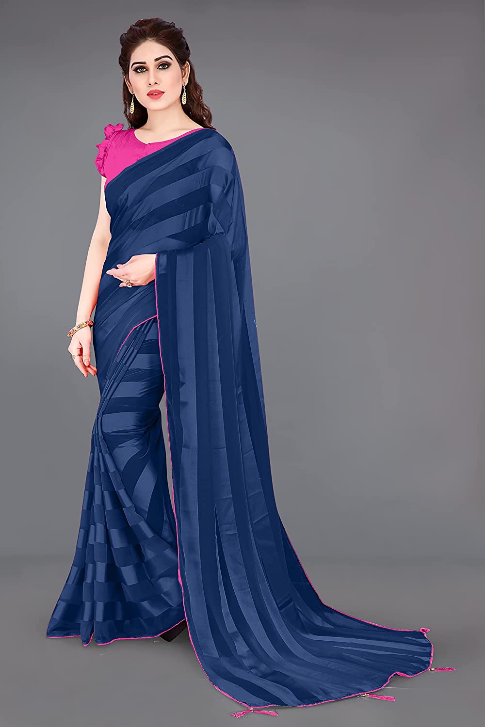 Mirchi Fashion Women'S Georgette Shiny Satin Stripes Laining Pattern Saree