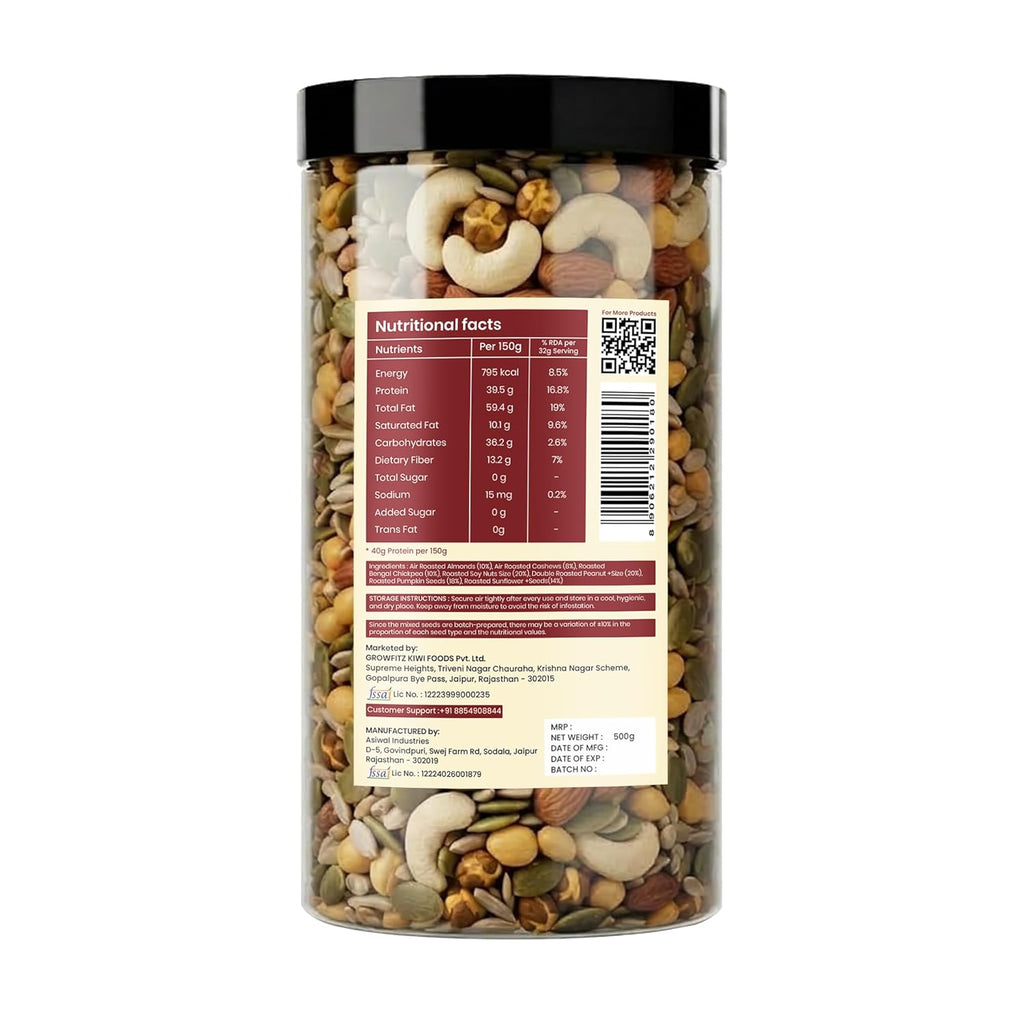 Growfitz Protein Crunch Seeds & Nuts Mix, 500g | 40g High Protein | Air Roasted Almonds, Cashews, Chickpeas, Soy Nuts, Peanuts, Pumpkin & Sunflower Seeds | 0% Sugar | Export Quality Healthy Snack