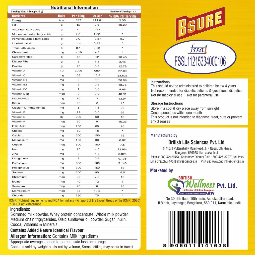 Bsure - For a Life Without Health Limits | Complete Balanced Nutritional Supplement for All Ages | Immunity Booster with 3 Vital Antioxidants & 28 Nutrients | Gluten-Free | Dutch Chocolate Flavour | 400g
