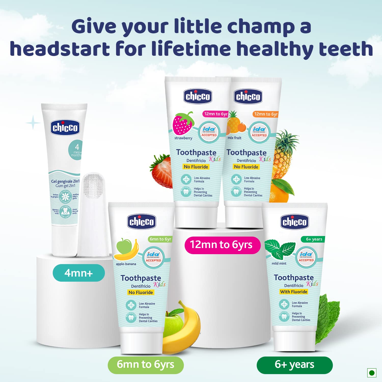 Chicco Toothpaste for Kids, Best for Baby (6m-6y), Apple-Banana Flavour, 50g | Fluoride-Free & Low Abrasive | Removes Plaque, Helps Prevent Cavities | IDA Accepted