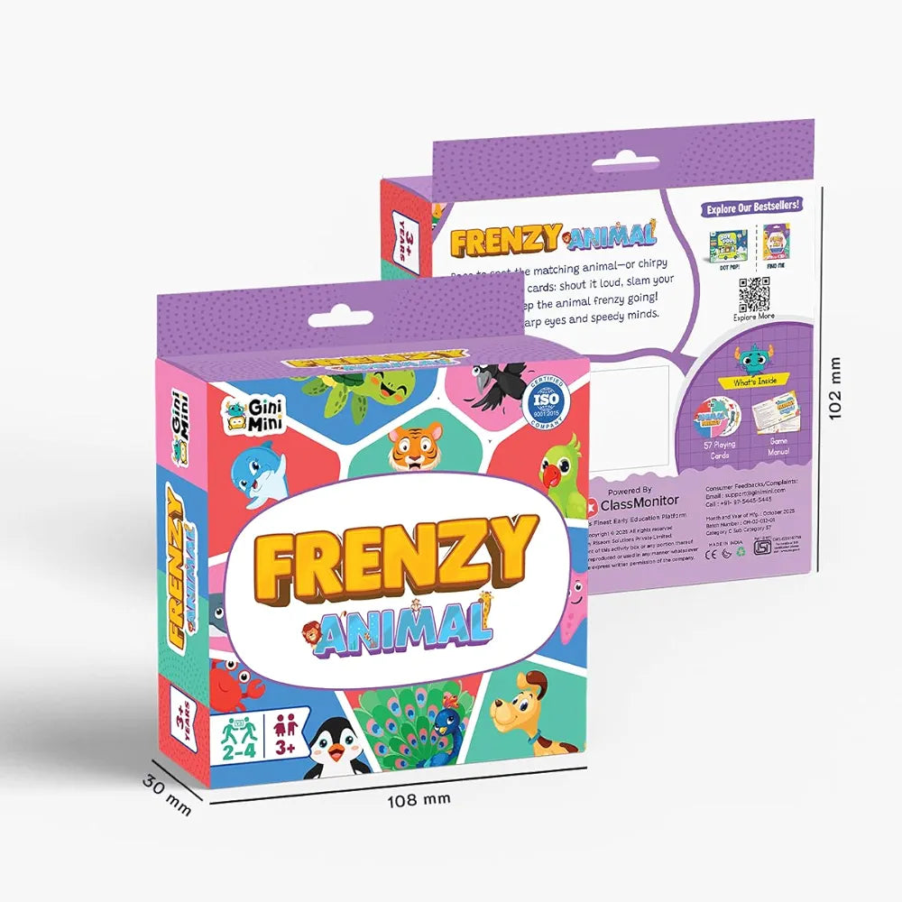 GiniMini Animal Frenzy 57 Animal-Themed Educational Cards for Kids 3+ Vocabulary & Matching Skill Builder Fast Observation Game for Toddlers Family & Travel-Friendly Learning Toy