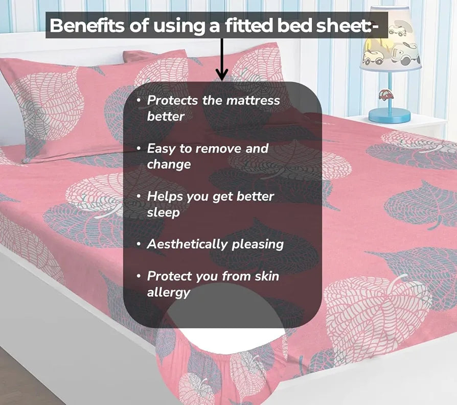 Homekart Premium Cotton Elastic Fitted Bedsheets with 2 King Size Pillow Covers Double Bed Floral Pattren Pink and Grey 200 tc - 220 tc