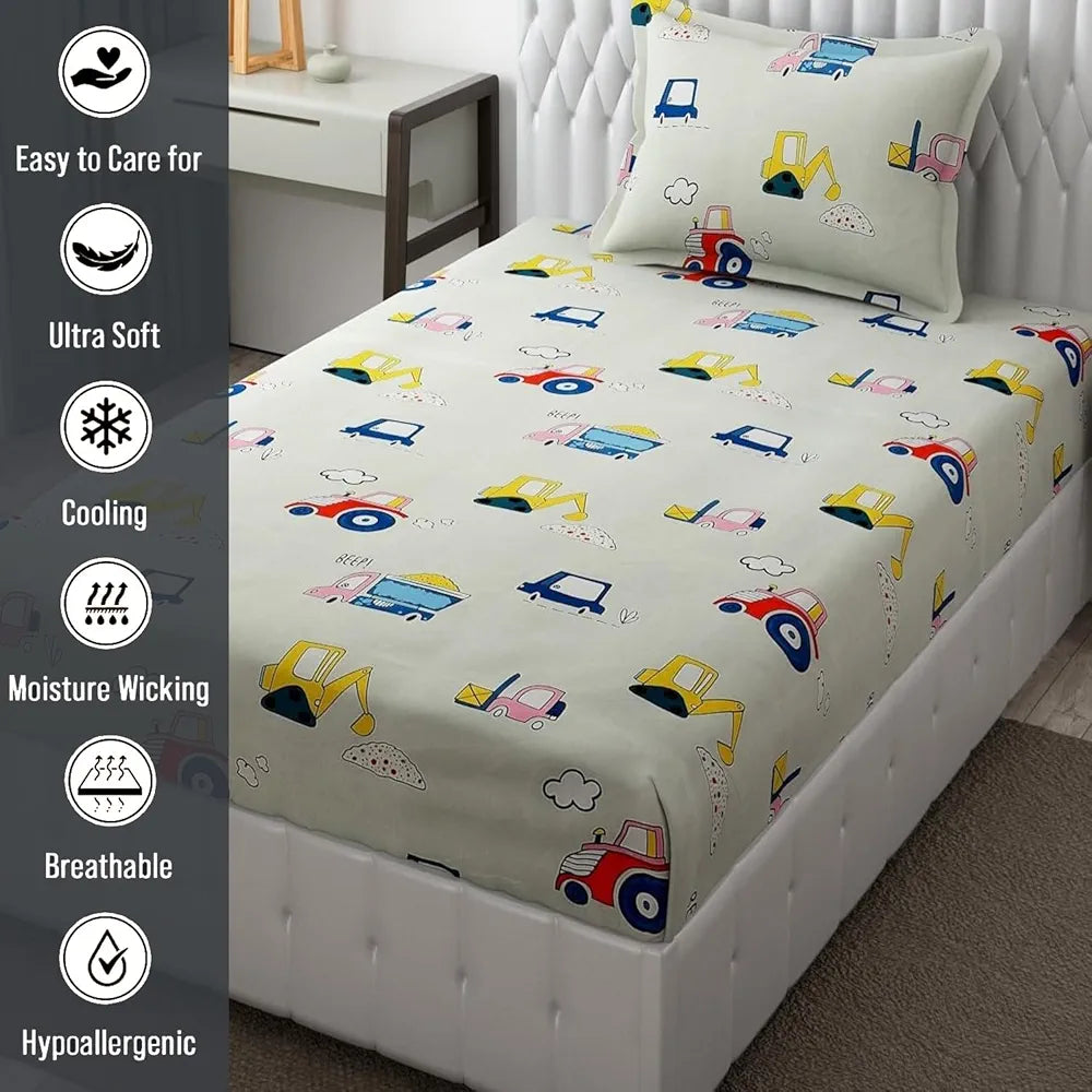Fresh From Loom Glace Cotton 300 tc Elastic Fitted Bed Sheet With 1 Pillow Cover Cartoon Printed Cream Smallsingle