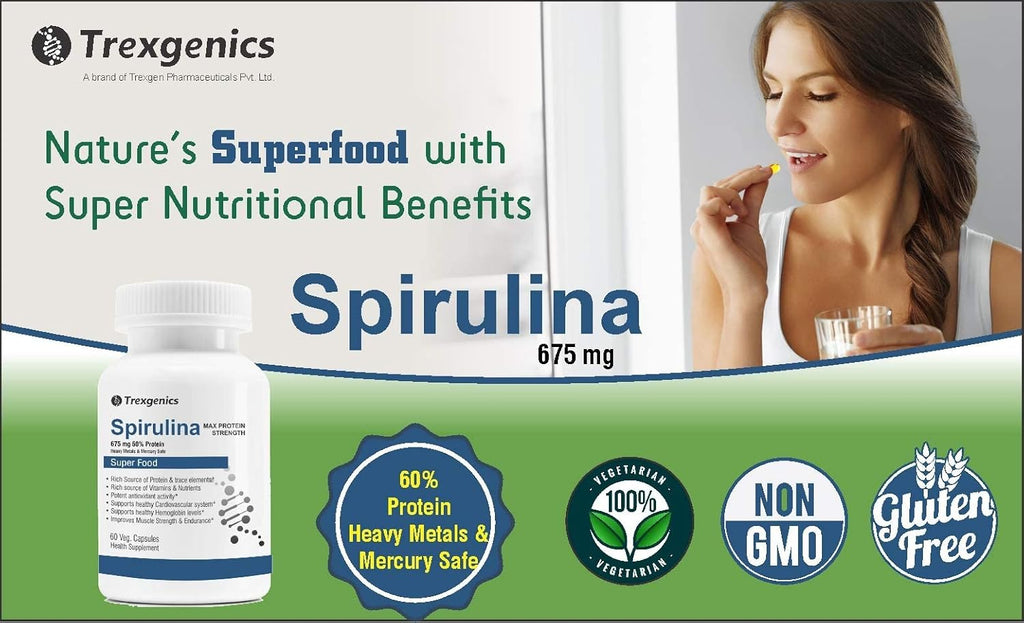 Trexgenics SPIRULINA 675 mg MAX Strength Protein 60%, Super Green Food (60 Vcaps) (1)