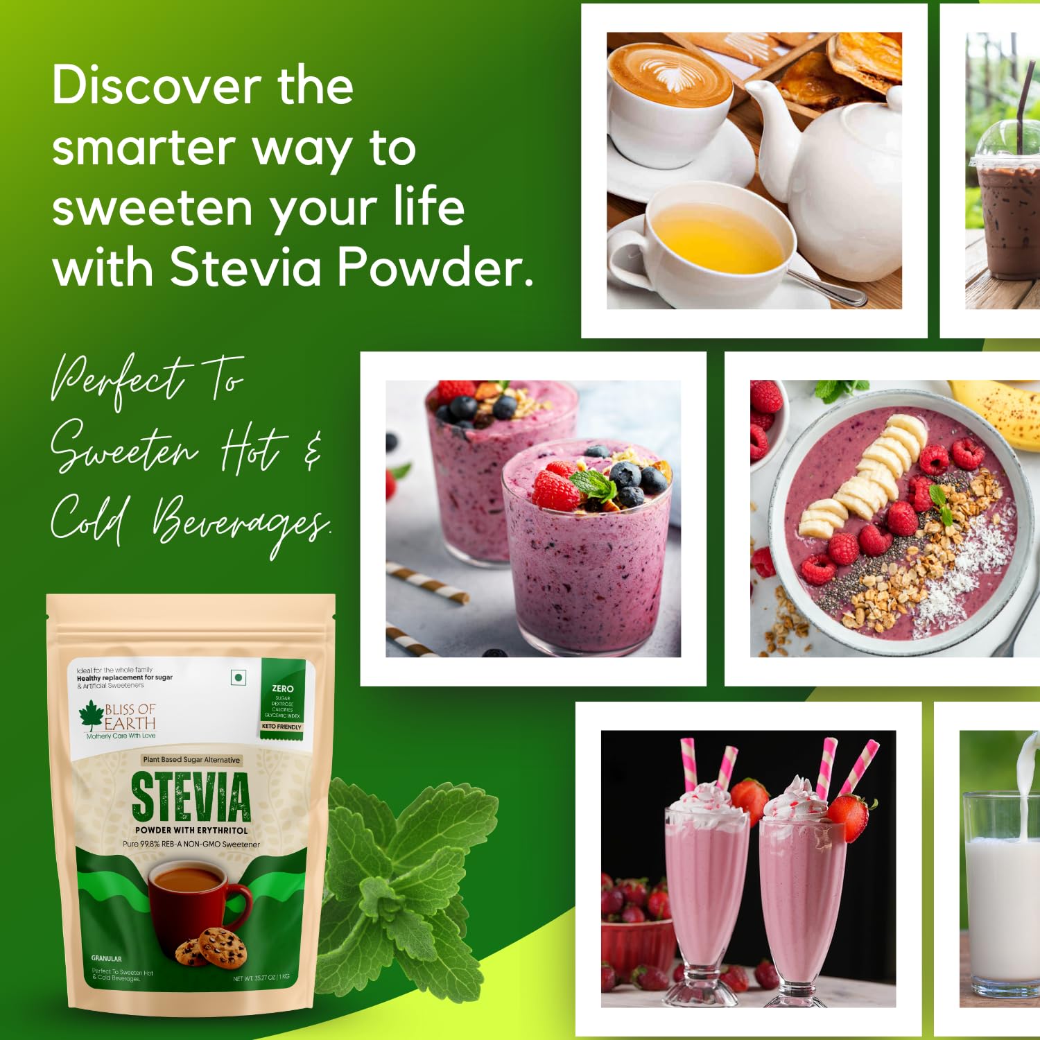 Bliss of Earth Stevia Powder, Sugar Free Zero Calorie Sweetener Diabetic and Keto Friendly 99.8% Purity Vegetarian Gluten Free Quick Dissolve, 1 KG