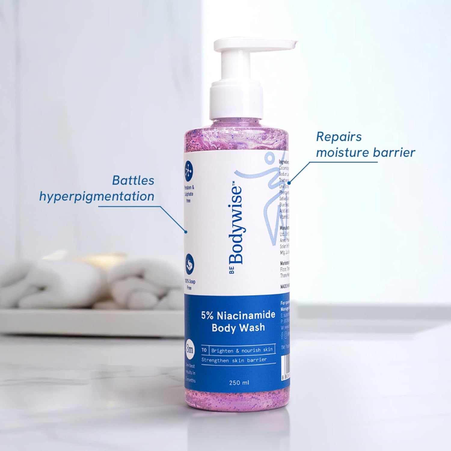 Be Bodywise 5% Niacinamide Brightening Body Wash | Hydrates & Deep Cleanses Skin | For Glowing & Hydrated Skin | With Aloe vera, Vitamin B3 & E | For All Skin Types | 250ml