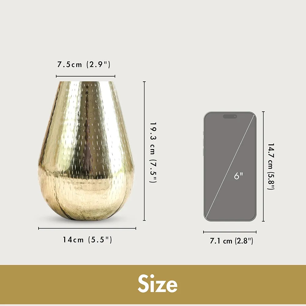 Behoma Drop Shape Metal Hammered Flower Vase 7.5 inches Golden 1 Pc Flowers not Included