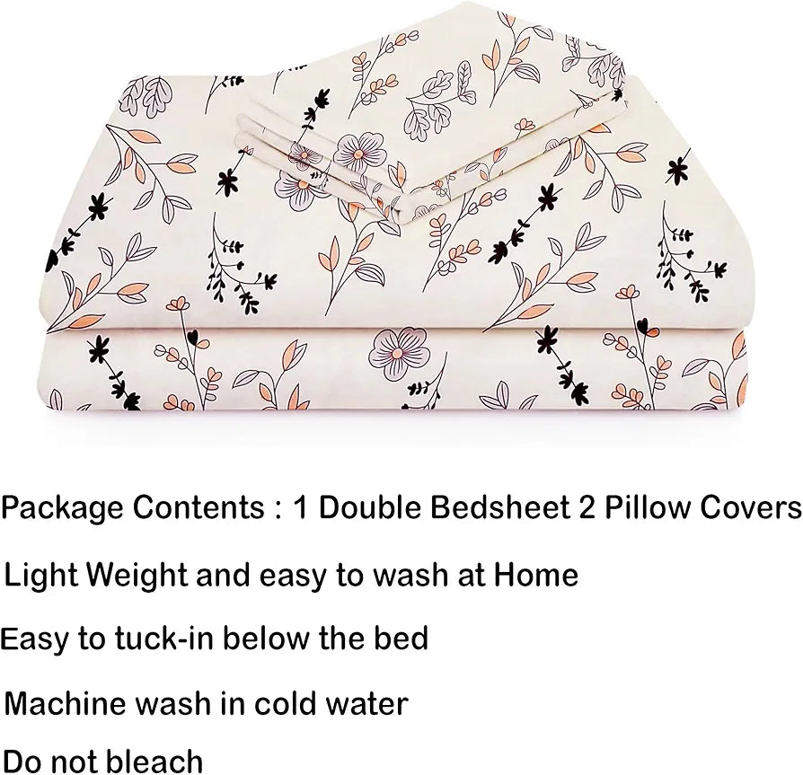 Homekart Premium Cotton Elastic Fitted Bedsheets with 2 King Size Pillow Covers Double Bed Flower Print Color Almonds 220 tc, multicolor