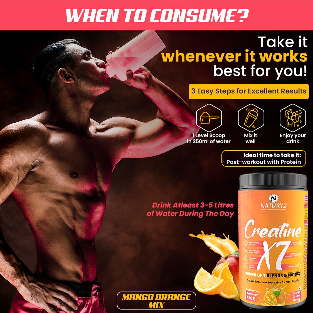 NATURYZ Creatine X7 Pure Micronized Creatine Monohydrate Post Workout drink | Rapid Absorption with Aminos | BCAA | ATP Transport Matrix | Muscle Growth & Strength | Power of 7 Blends | Muscle Builder- 450g(Mango Orange)