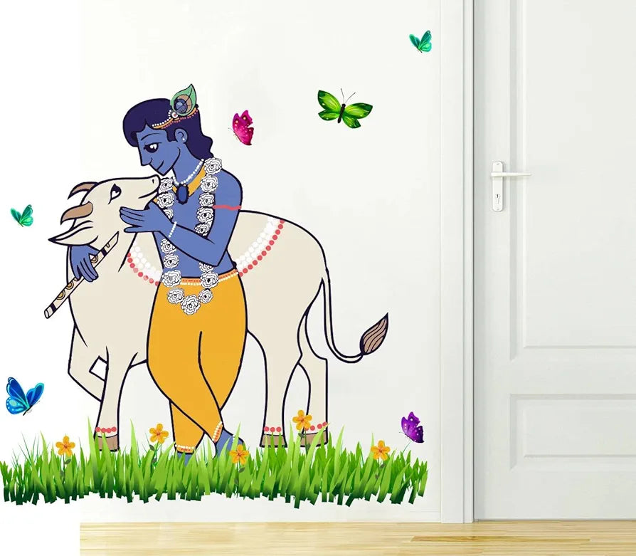 Rawpockets Lord Krishna and Cow Nature Wall Sticker -Self-Adhesive