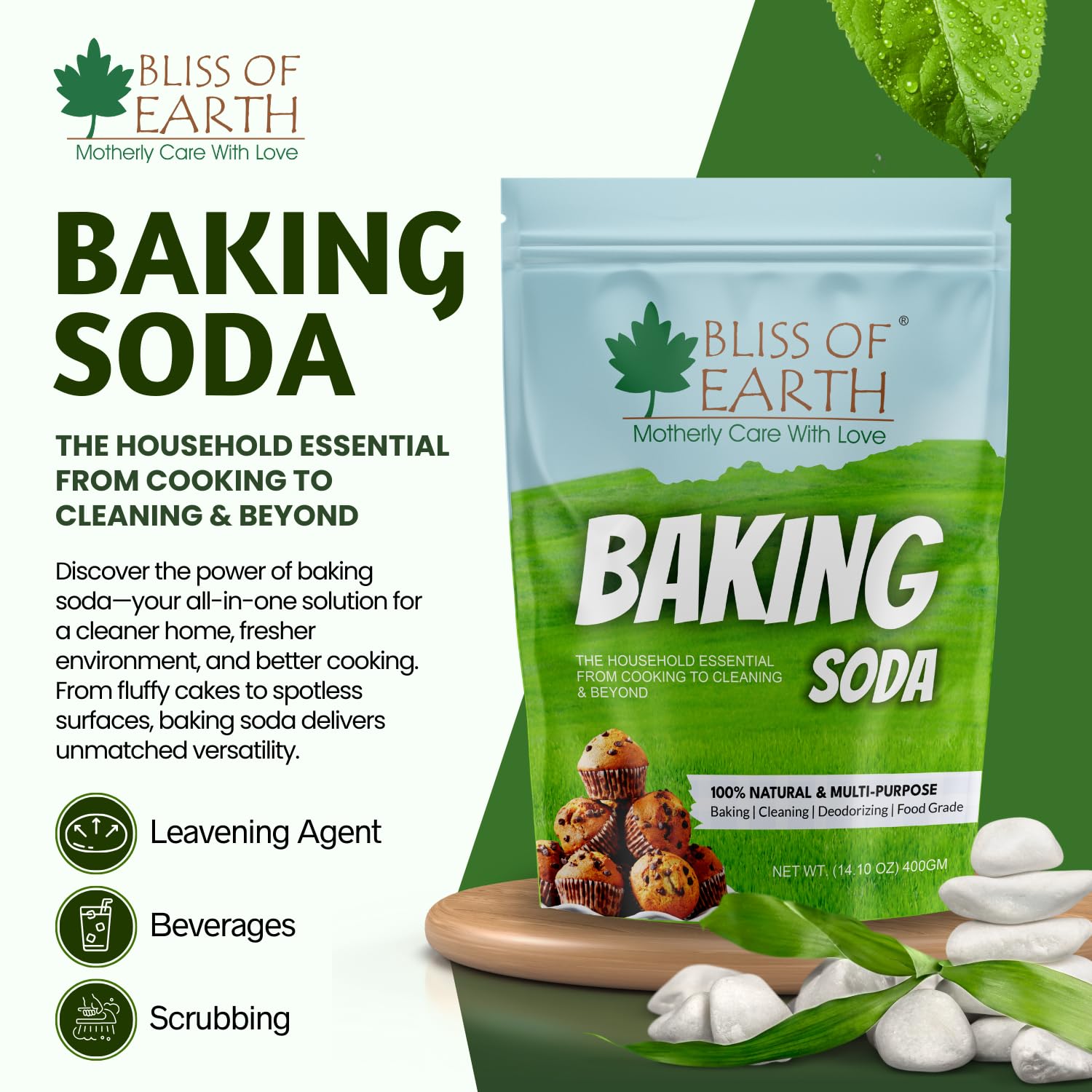 Bliss of Earth Baking Soda For Food & Cleaning Purpose, 400gm, Pure Sodium Bicarbonate for Baking, Cleaning, and Deodorizing, Food Grade, Non-GMO, Eco-Friendly