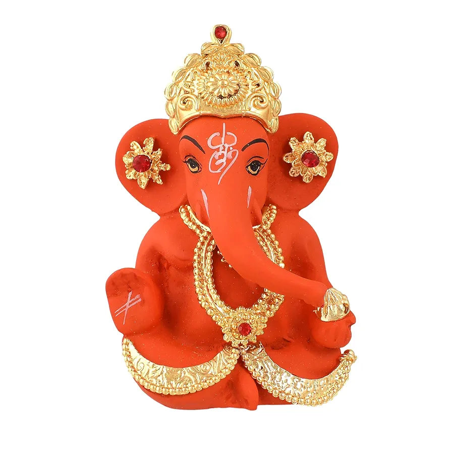 CraftVatika Ganesh Idol Murti Statue for Car Dashboard Ceramic Terracotta Gold Plated Orange