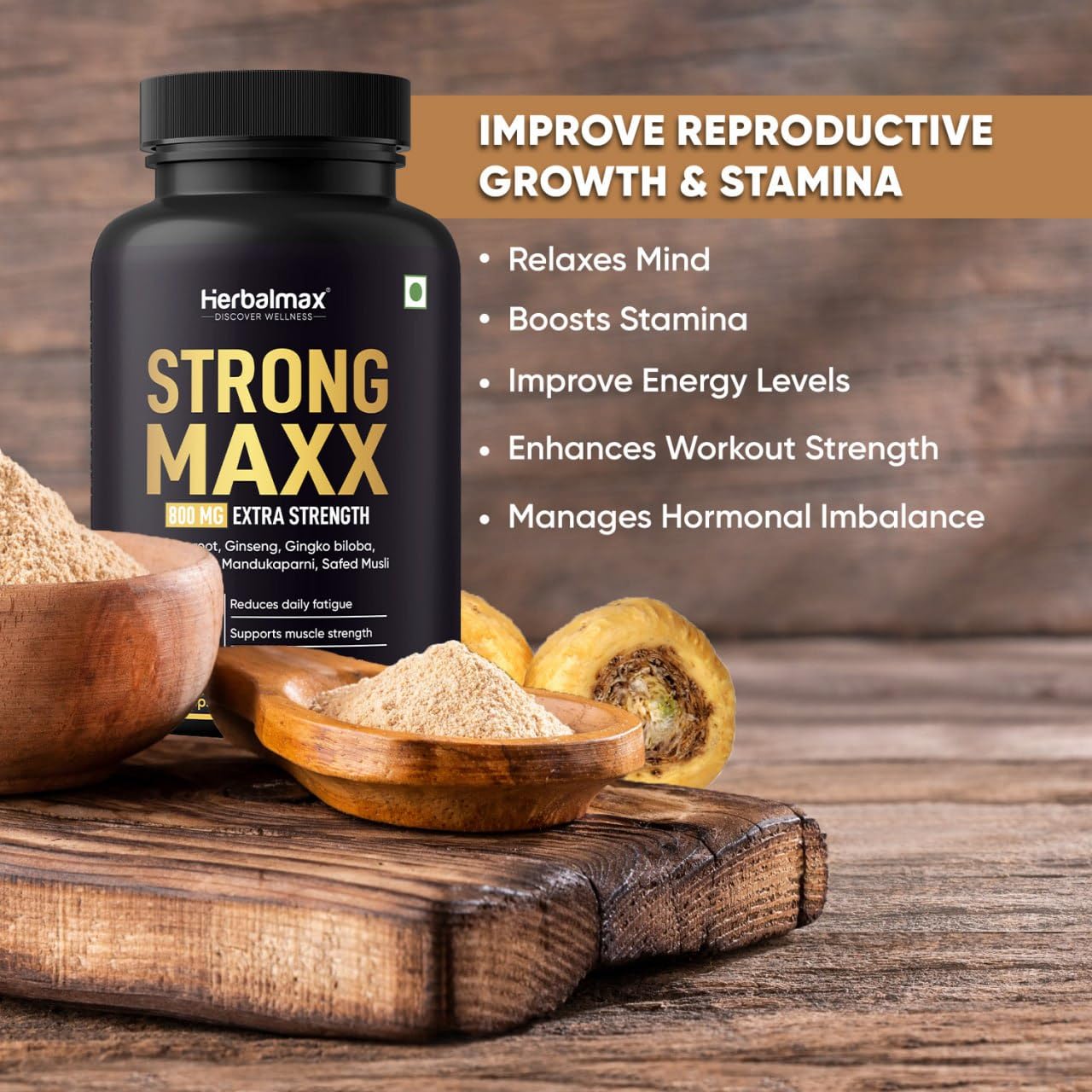 Herbal Max Strong Maxx Maca Root Capsules â€“ 800 mg | 30 Vegetarian Capsules | Natural Energy & Vitality Booster | Ayurvedic Supplement for Men & Women
