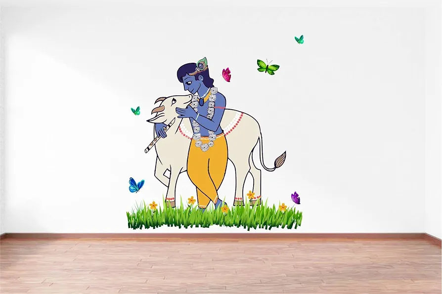 Rawpockets Lord Krishna and Cow Nature Wall Sticker -Self-Adhesive