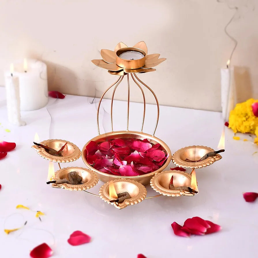 Metal Lotus Tealight Candle Holder with Base of Urli Bowl and Diya Gold