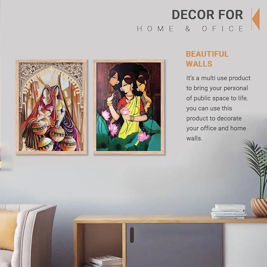 Kotart Traditional Woman Painting with Frame for Home Decoration Madhubani Art Painting Pack of 2 Design04