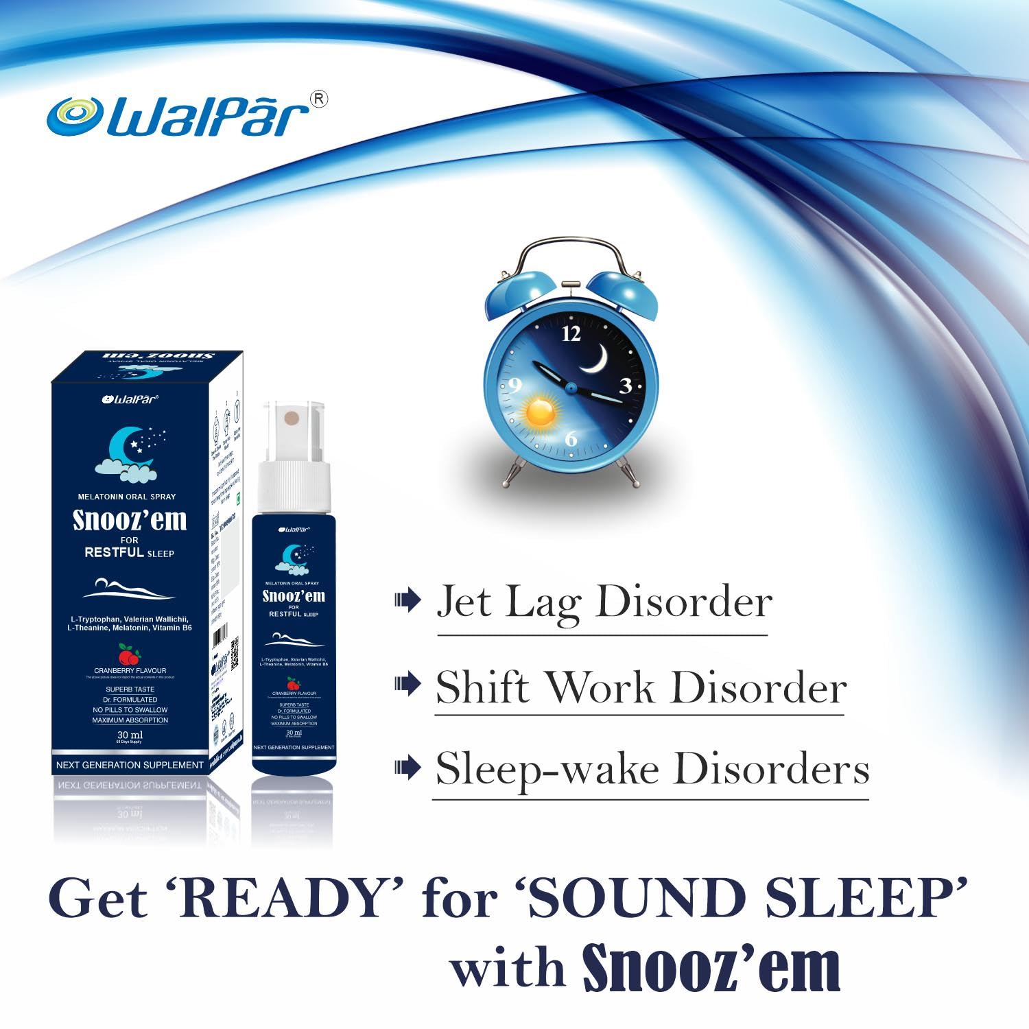WALPAR Snooz’em Melatonin 3mg Sleep Spray with Vitamin B6 Supplement, Non Habit Sleeping Aid Drops Cranberry Flavour - 30ml