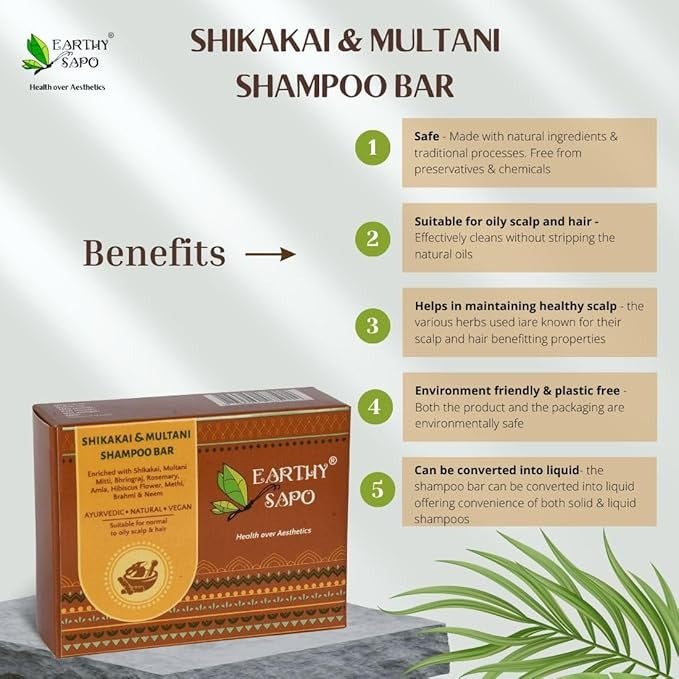 Earthy Sapo Shikakai & Multani Shampoo Bar for Oily Hair - 100 gms (Pack of 3)