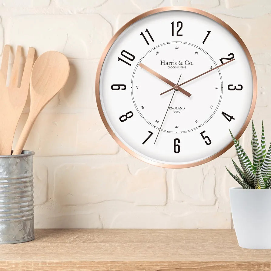 Harris & Co. Clockmasters Silent Sweep Noiseless Technology Wall Clock  Analog Rose Gold