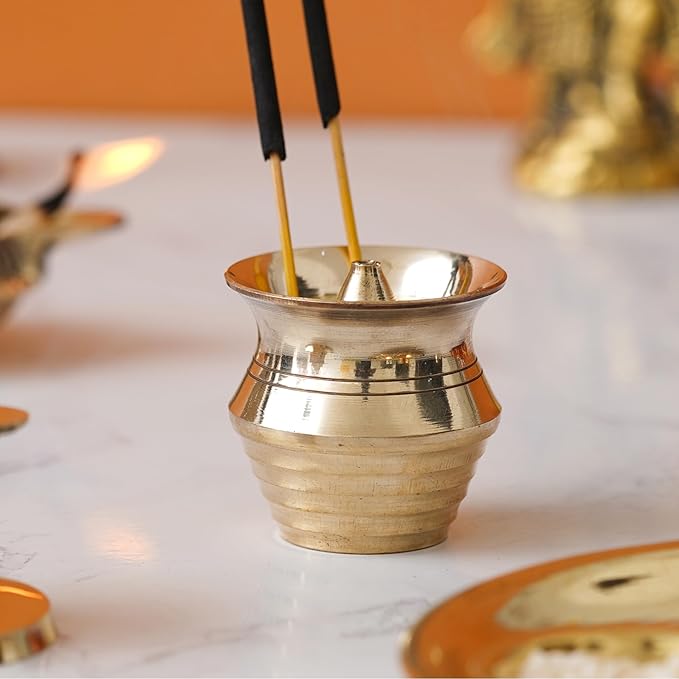 Ecraftindia Golden Pot Shape Brass Agarbatti Stand for Pooja | Incense Stick Holder With Ash Catcher | Agarbatti Holder