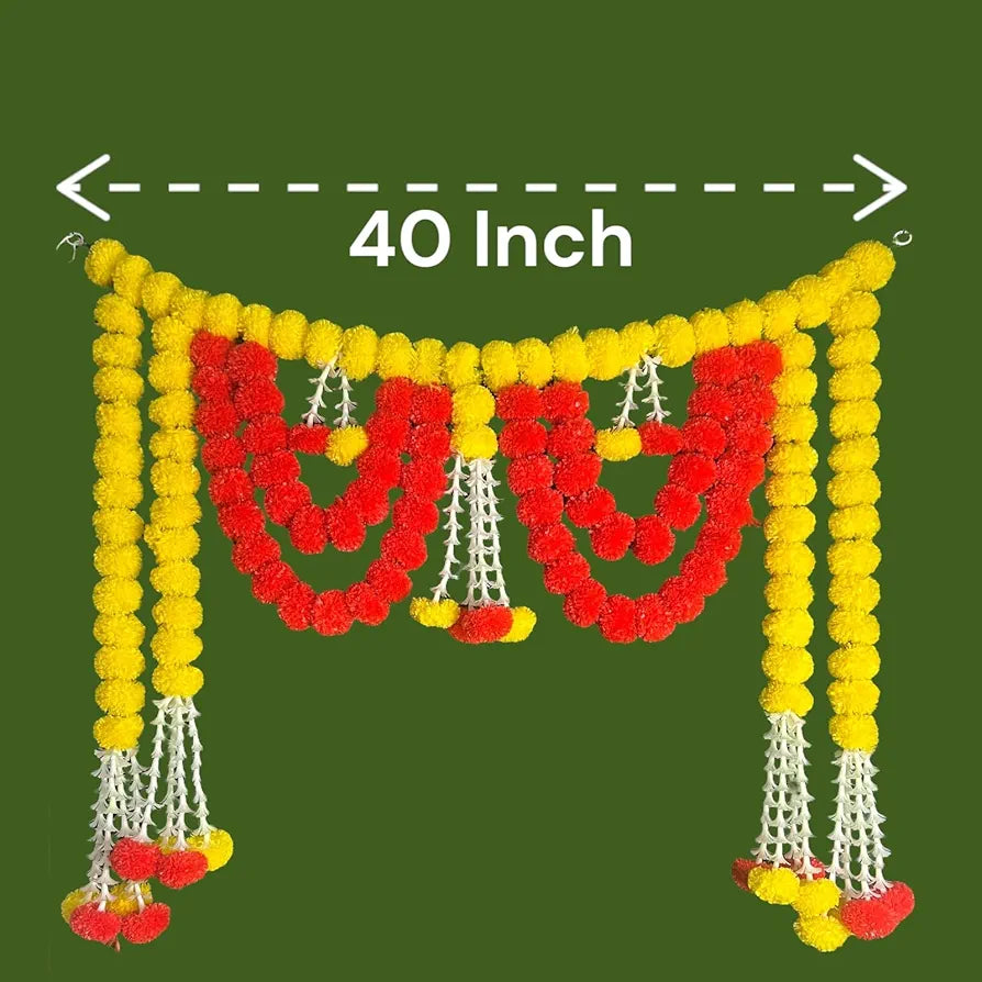 Handcrafted Decorative Bandanwar with Yellow & Red Marigold Flowers and Tuberose Strings 40x32 Inches