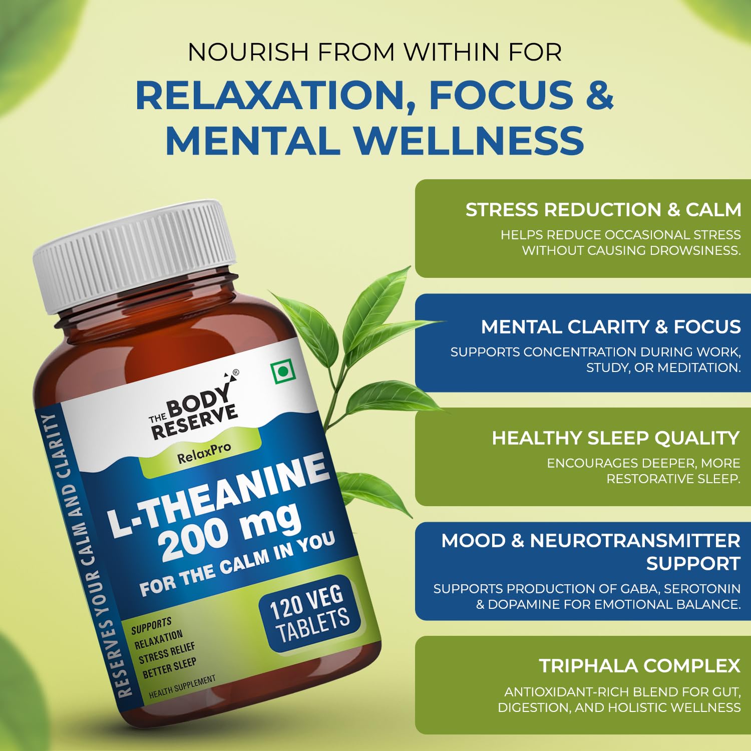 The Body Reserve L-Theanine 200mg 120 Veg Tablets L Theanine Supplements Supports Stress Relief, Reduce Anxiety, Brain Health & Promotes Relaxation