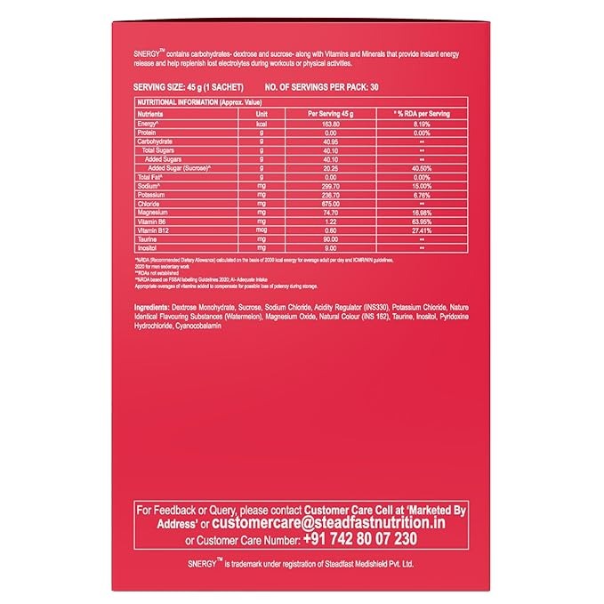 Steadfast Nutrition Snergy Energy Drink  Watermelon- 45 gms Each (30 Sachets)