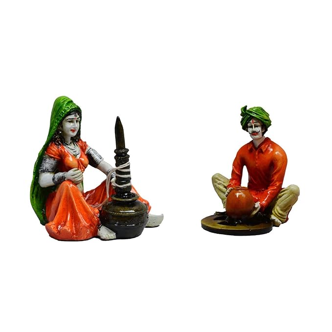 Ecraftindia Rajasthani Craftman and Lady Polyresin Statue | Orange, Green and Brown