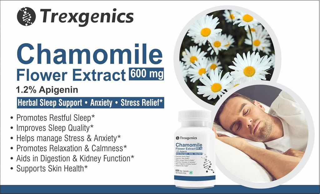 Trexgenics CHAMOMILE 1.2% Apigenin 600 mg Sleep, Relexation, Kidney & Urinary tract support VEGAN & NON-GMO (60 Veg. Capsules) (Pack of 1)