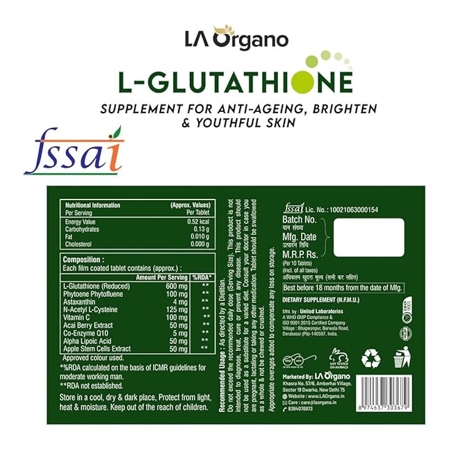 La Organo L Glutathione Tablets for Healthy, Brightening & Radiant Skin for Men & Women - 30 Capsules