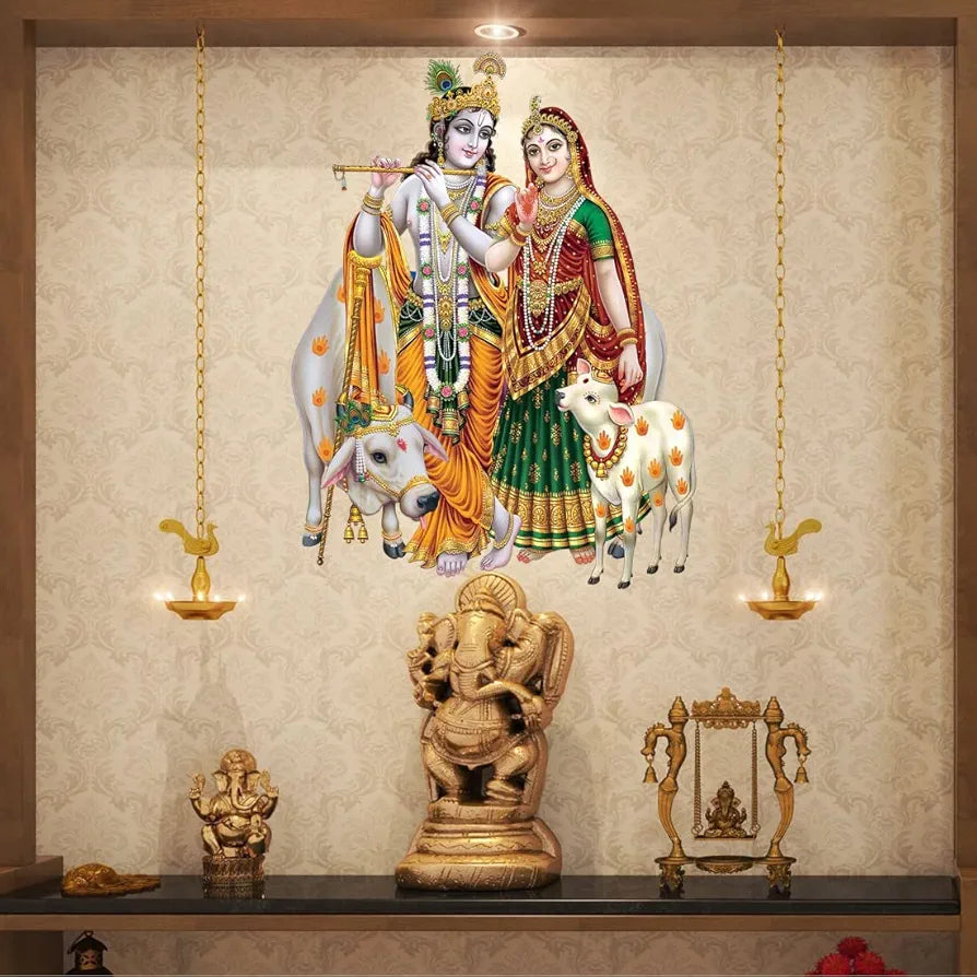 Rangoli Vinyl Religion Wall Sticker ‎Cow With Radha Krishna Modern Art 1.96 x 20.86 x 1.96 inches Multicolour